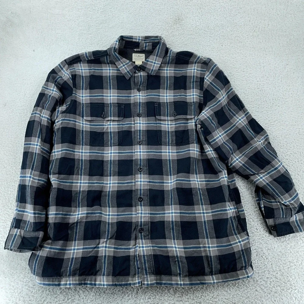 L.L. Bean Fleece Lined Flannel‎ Shirt Jacket XL Traditional Fit Blue Gray Plaid